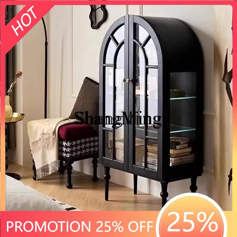 

SM solid wood curved side cabinet, living room double door storage, black locker against the wall