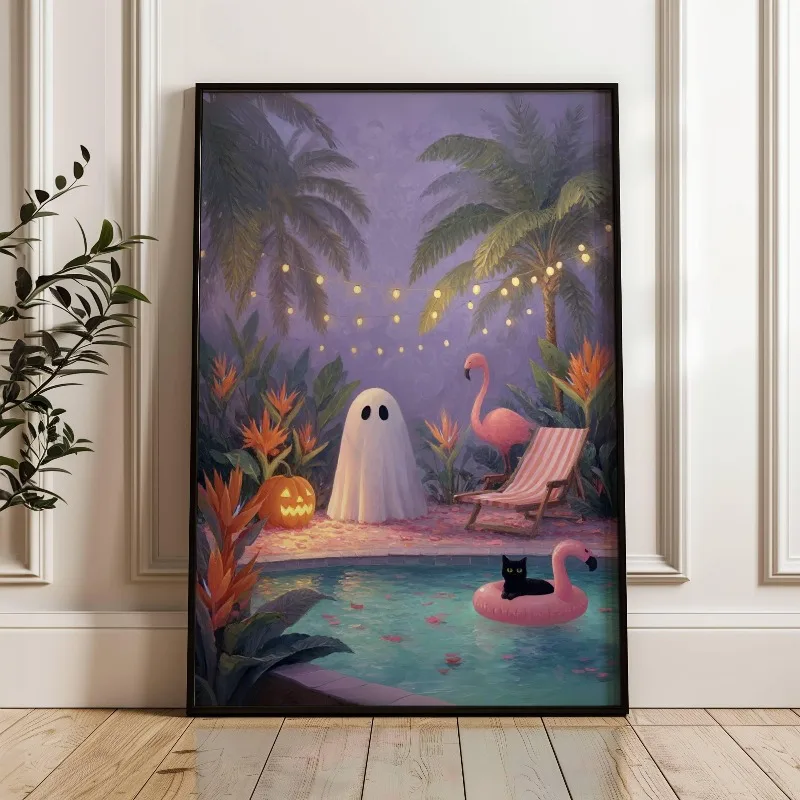 Tropical Night Ghost Reading Book Pool Flamingo Palm Crescent Moon Halloween Canvas Poster Prints Frameless Wall Art Decorations