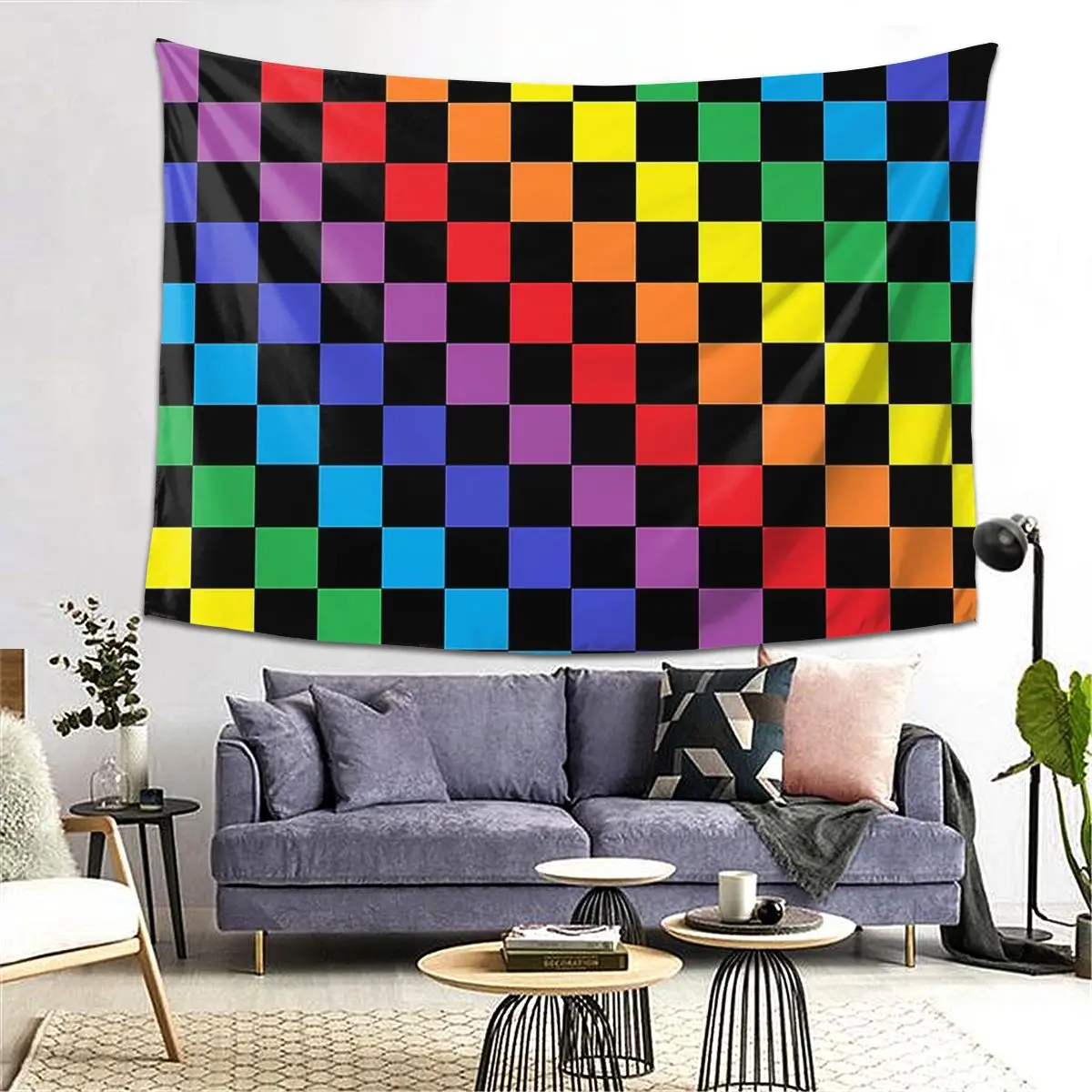 

Клетчатый Радужный Черный Гобелен Декор Художественные Эстетические Гобелены для Гостиной Спальни Домашняя Настенная Ткань Настенный Гобелен