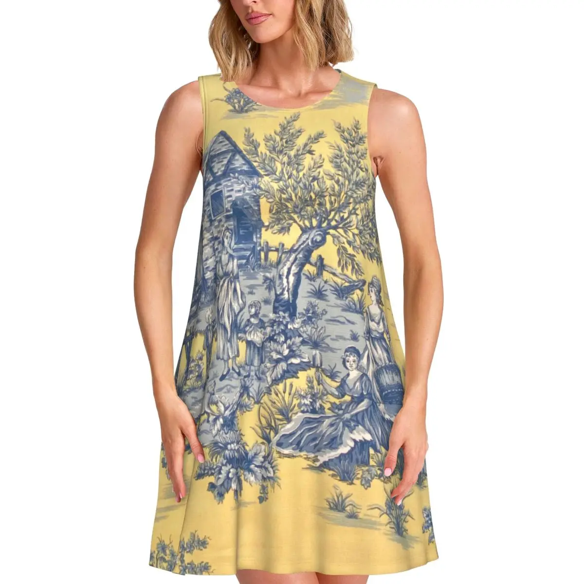 

Custom Toile De Jouy French Motif Women's Summer Sleeveless Dresses Casual Sundresses Beach Cover Ups Sleeveless Beach Dress