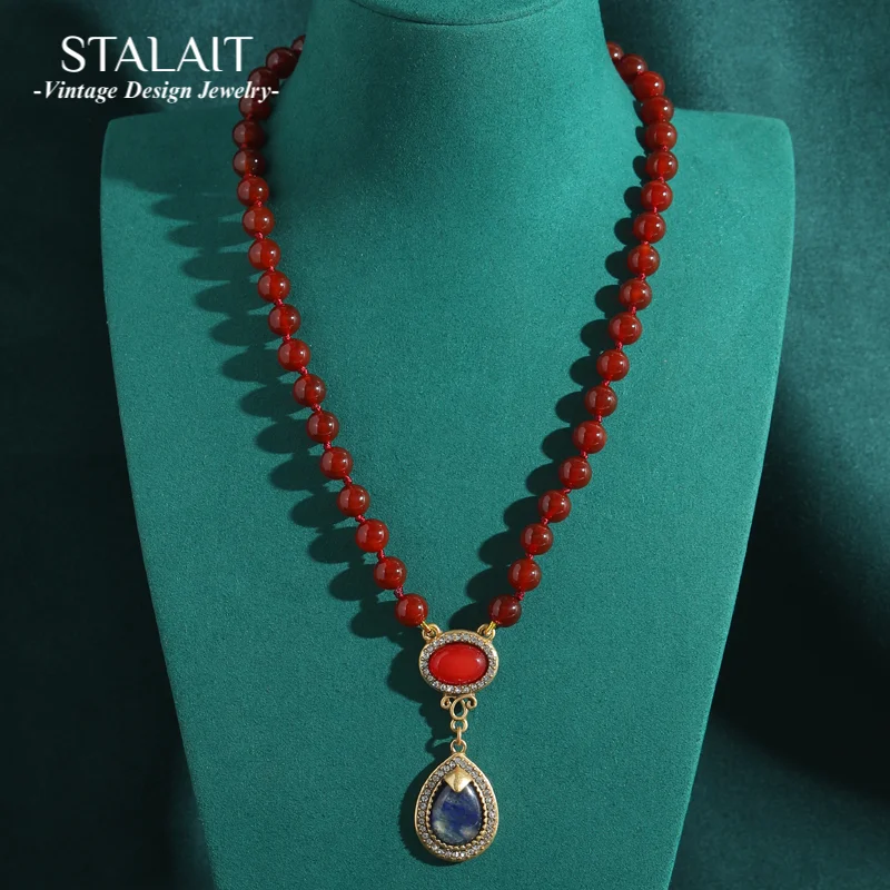 

Винтажное ожерелье из бусин из красного агата, натуральный камень, опалы, кулон, женские украшения, аксессуары с каплями воды, роскошный дизайнер, высокое качество