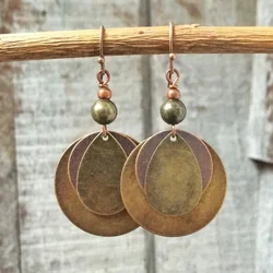 Ethnic Round Bronze Carved Earrings for Women Bohemian Metal Gold Color Old Distressed Beaded Hook Dangle Earrings Jewelry Gifts