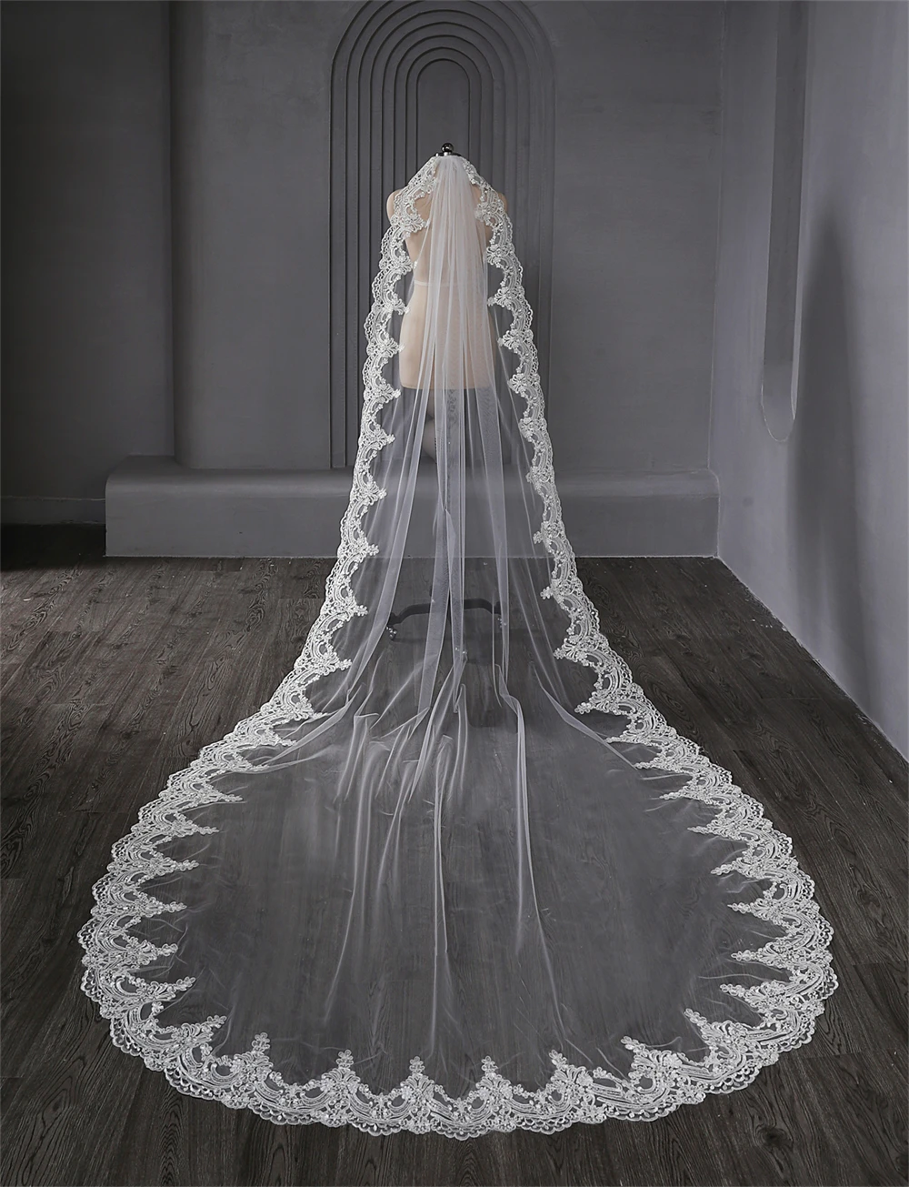 Long Bridal Veil Women\'s Appliques Wedding Veils Bridal Mesh Veil With Comb Veil One Layer Cathedral Veil velo de novia 3M