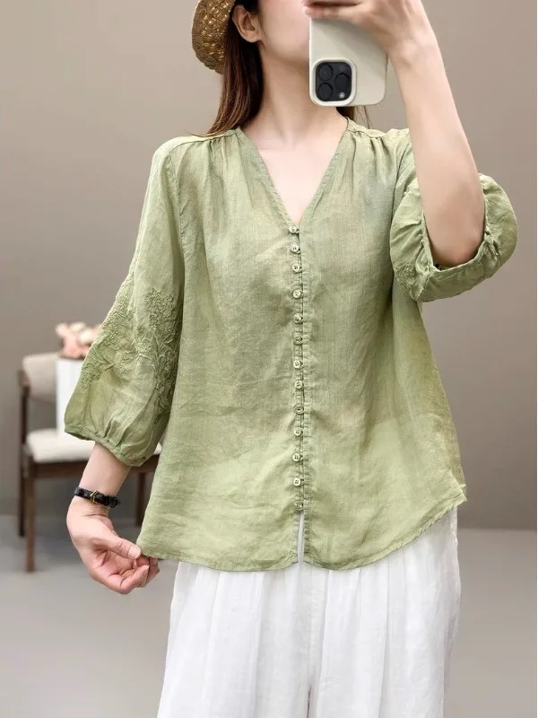 Ele ein Baumwoll-Leinen-gesticktes irt für Damen, Sommer, Übergröße, Bauch, kaschierend, schlankmachend, Seven Sve Damen irt