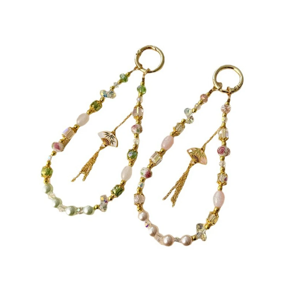 새로운 중국 스타일 합금 태슬 팬 폰 스트랩 수제 비즈 진주 크리스탈 스트랩 손목걸이 키체인 폰 케이스용