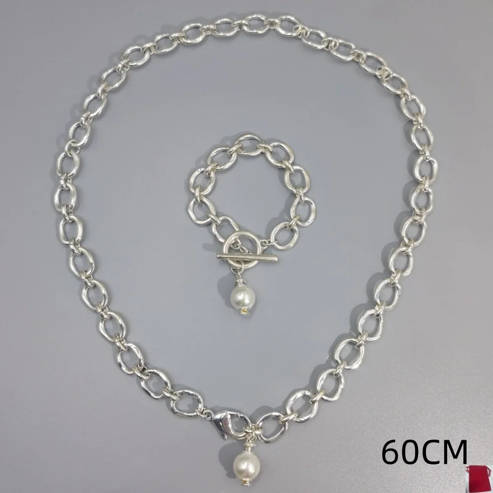 2026 Spain Personalized Trend Gold Silver Geometric Pearl Buckle Bracelet Necklace Jewelry Set Party Gift