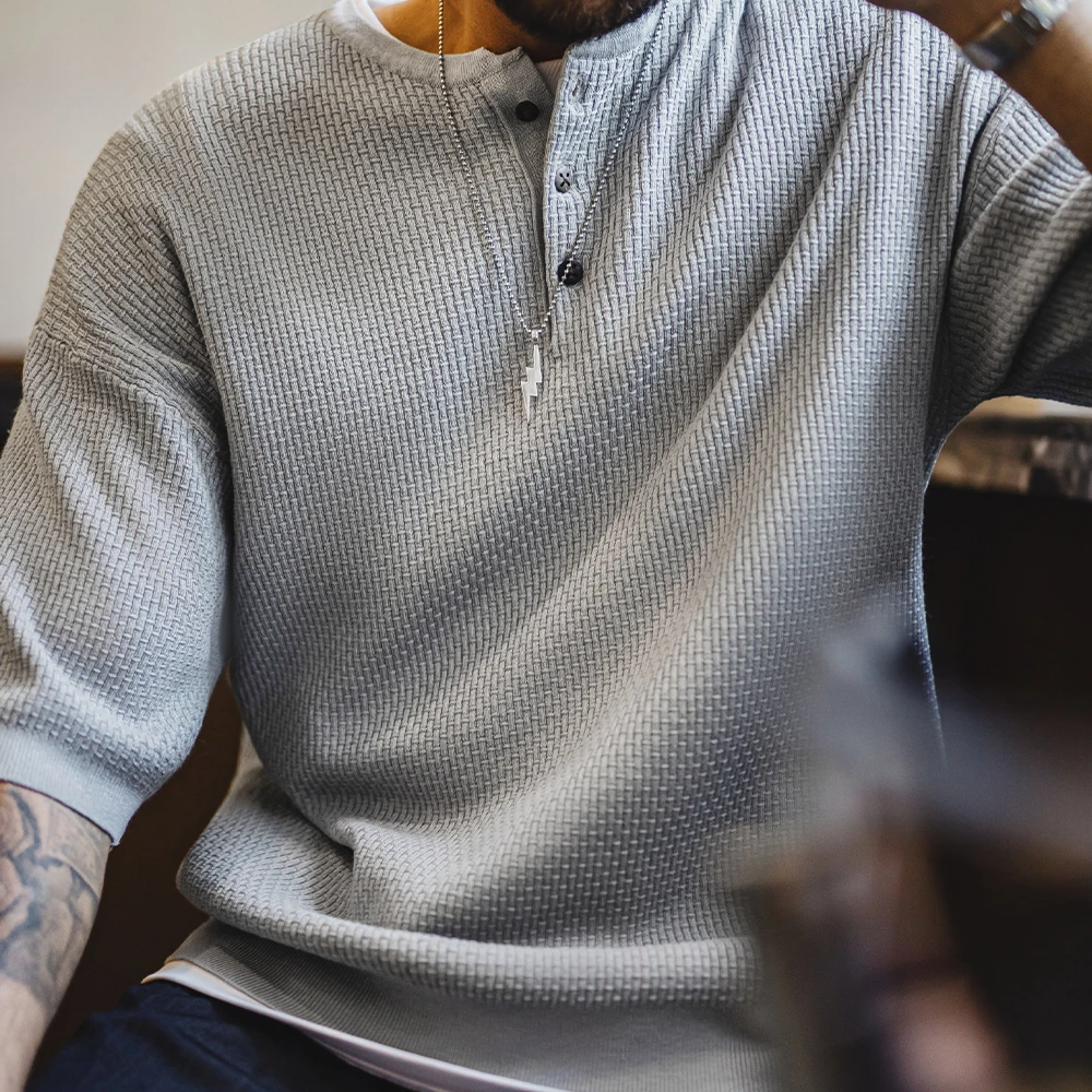 Maden Vintage Boro Style Short Sleeve Henley Shirt Men's Summer Gray Loose Fit Tee Knit Casual Street Versatile Ribbed Hem Tops