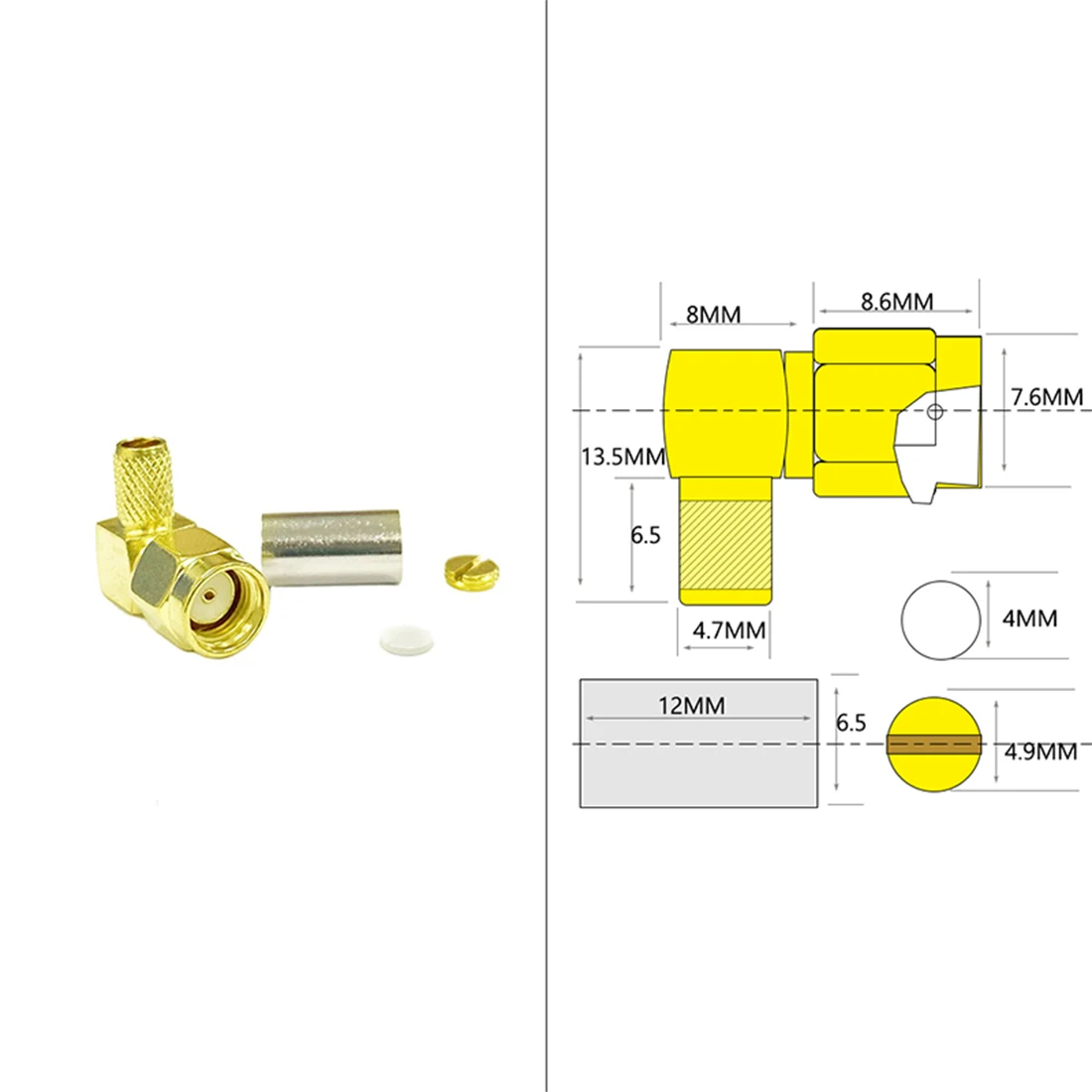 1pc RP-SMA  Male Plug Inner Hole RF Coax Connector Crimp RG58 RG142 RG400 LMR195 Cable Right  Angle RA  Goldplated NEW Wholesale