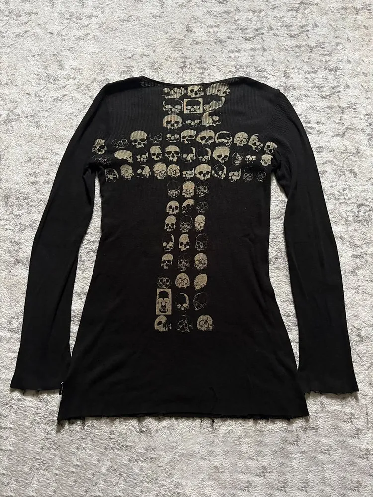 FANTASTION LGB Visual Series Avant-Garde Rock Series Skull Cross Print Knit T-shirt Long Sleeve, Unisex tops
