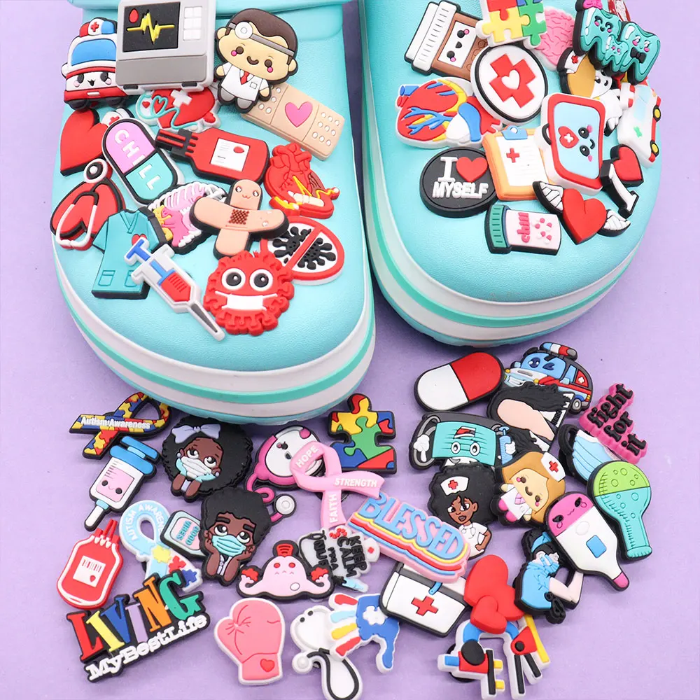 1Pcs PVC Heart Ambulance Hospital Medical Series Button Clog Doctor Nurse Shoe Charms Accessories Fit Wristband