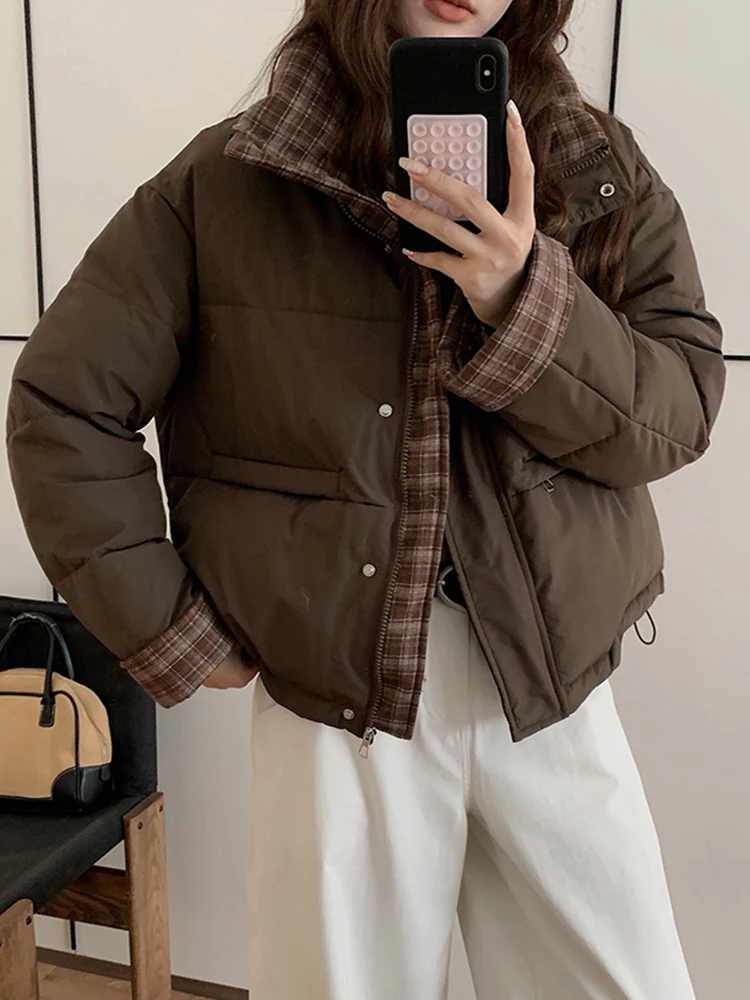 

Zoki Winter Retro Puffy Parkas Women Warm Thick Plaid Patchwork Cute Coat Casual Preppy Style Korean Long Sleeve Cotton Jackets