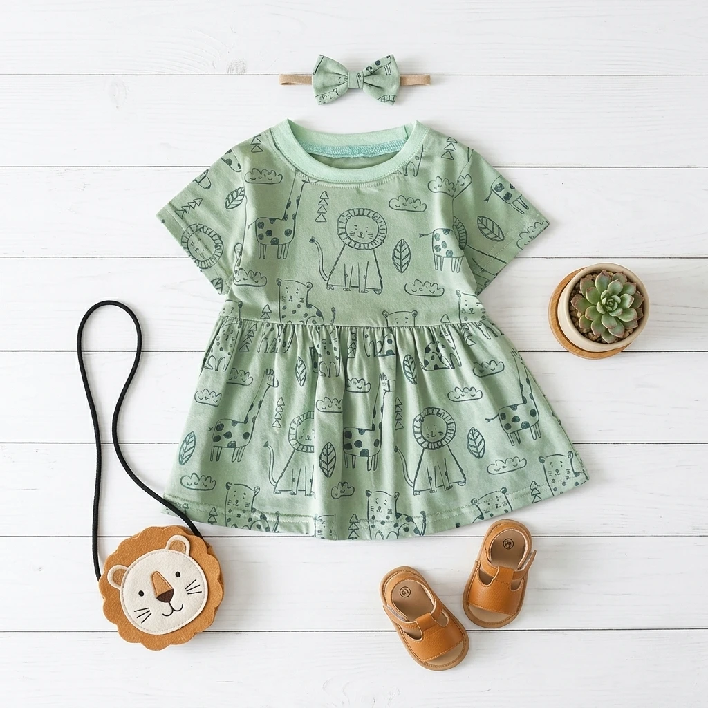 Baby Clothing Knitting Patterns - カジュアルで可愛い子供服 女の子用アニマル柄サマードレス ホリデー向け半袖