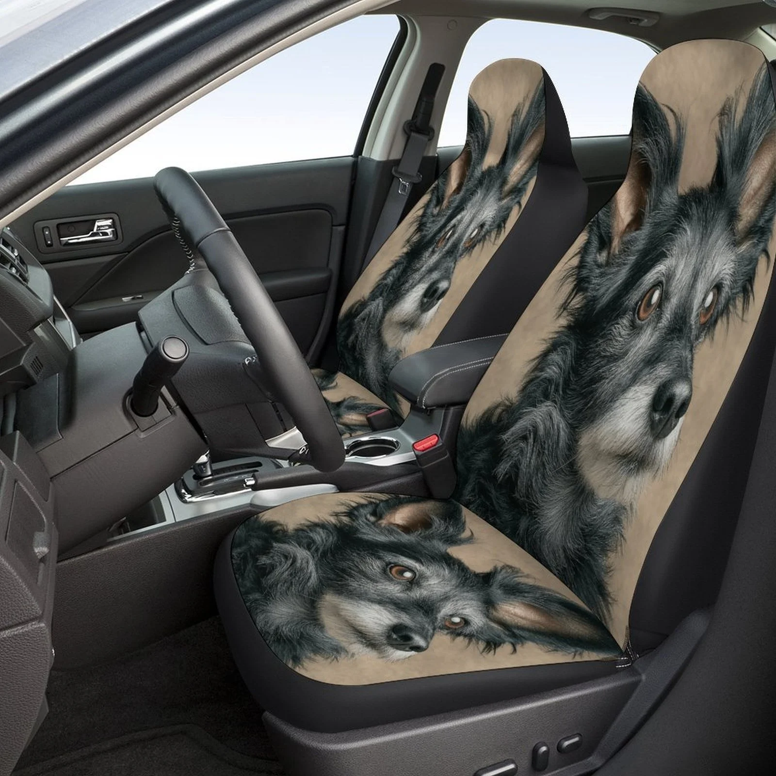 Set Of Car Seat Covers Featuring A Fluffy Dog Portrait, Designed For Various Vehicles. These Stylish And High-Quality Protectors