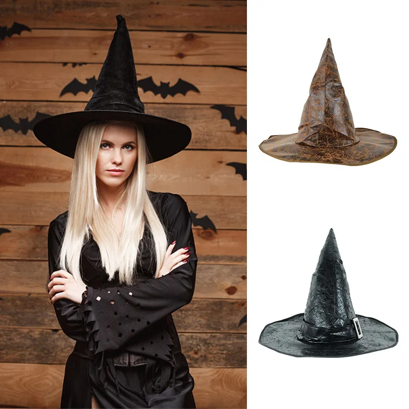 

Halloween Leather Witch Hat Fashion Party Cosplay Costume Accessory Kids Adult Favor Halloween Decoration Cap Dress Props