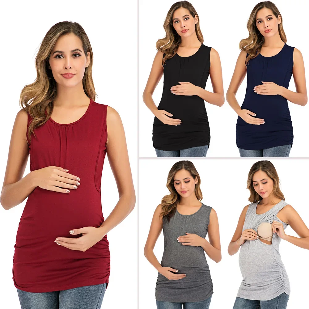 

2024 Summer Pregnant Women Breastfeeding Clothes Sleeveless Tees for Nursing Pregnancy Lactation Tank Tops Sleeveless T-shirt