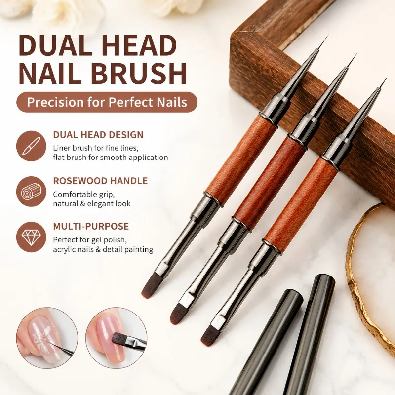 Acrylic Nail Brush Dual Head Wooden Handle, Rosewood Liner Brush for Gel Polish, Fine Detail Painting, Square Round Flat Brush