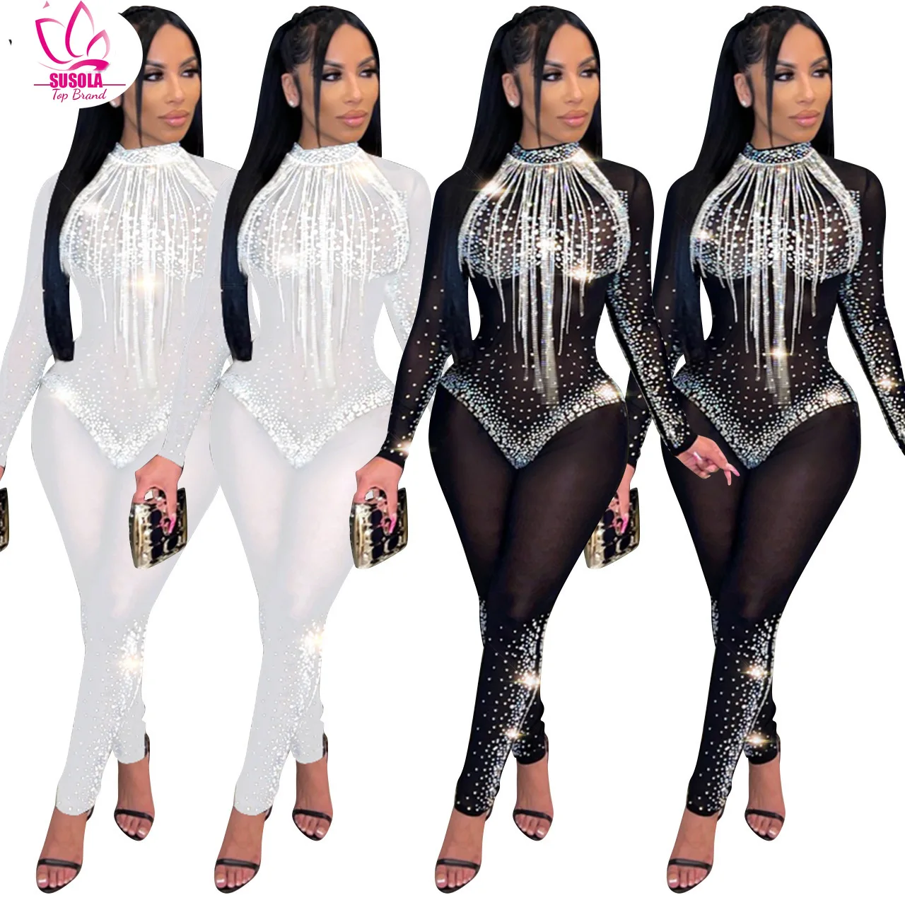 Sequin Woman Elegant Clothes Sexy Party See Through Long Jumpsuit for Women Female Romper One-piece Overalls Night Club Outfits