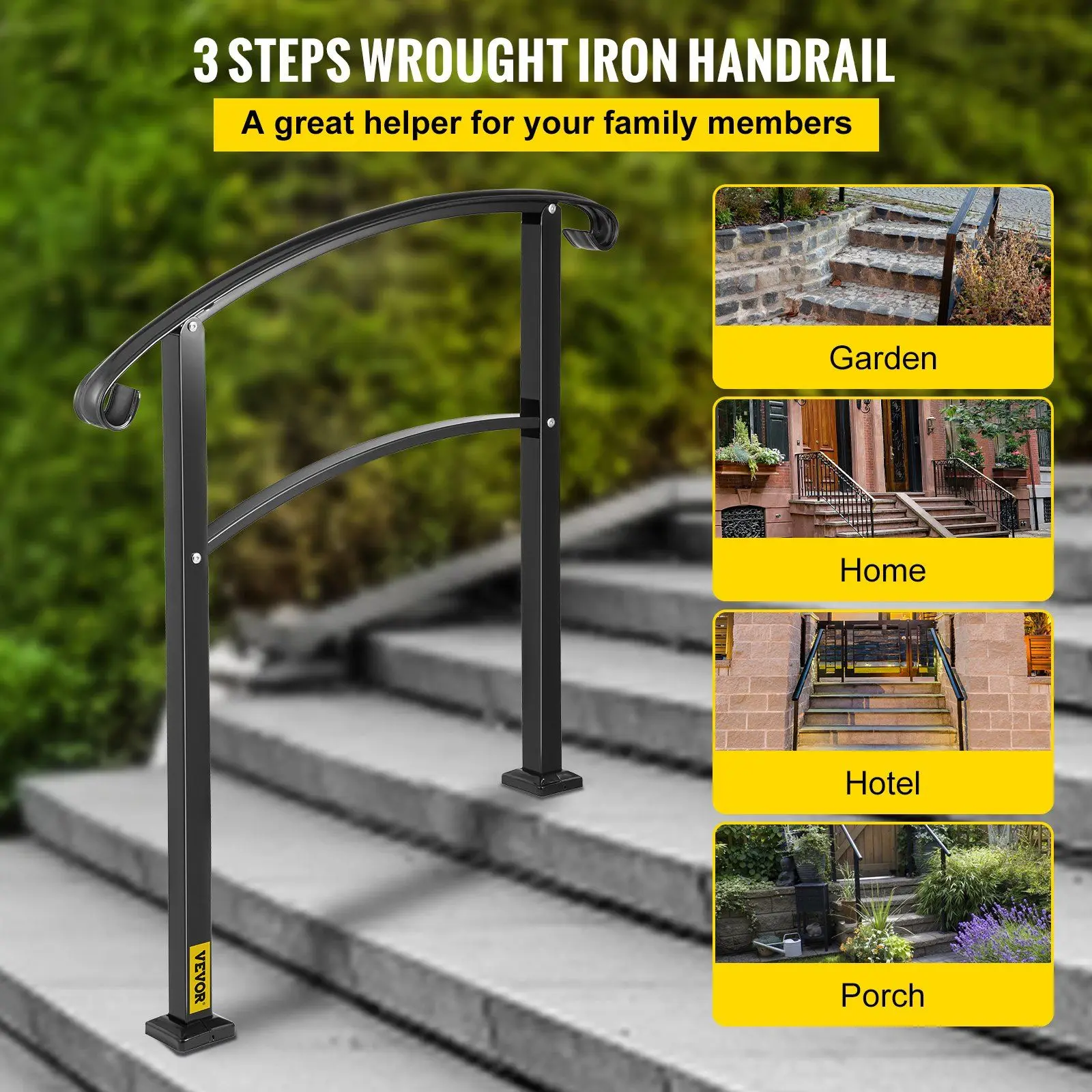 VEVOR 3-Step Transitional Handrail Fits 1 or 3 Steps Matte Stair Rail Wrought Iron Handrail with Installation Kit Hand Rails for