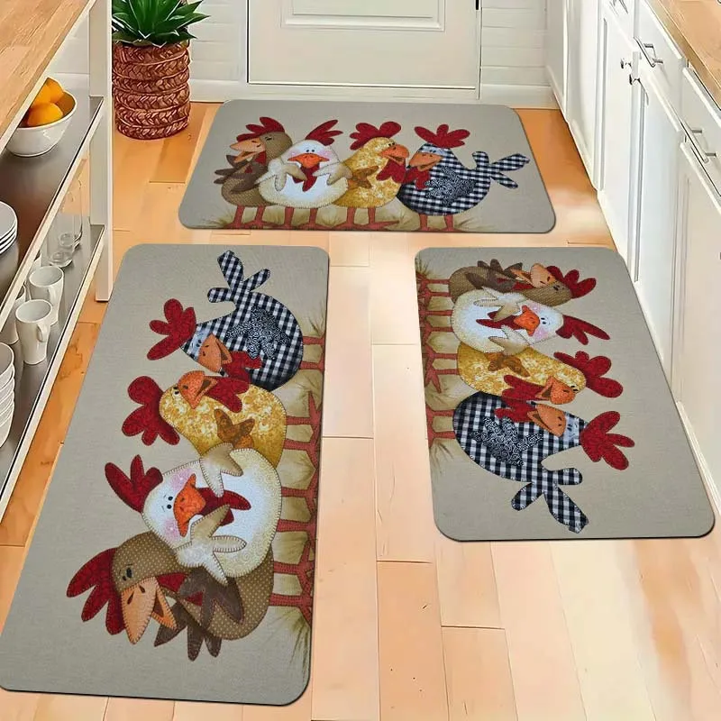 Cute Rooster Kitchen Rugs Cartoon Chicken Pattern Floor Mats Soft Non-Slip Farm Animal Carpet for Dining Room Living Room