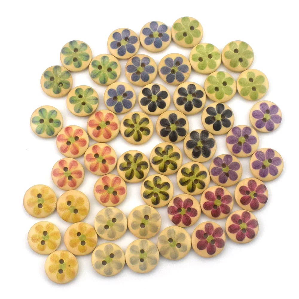 50 pçs 15mm 2 furos botões redondos de madeira bonito impresso flores botão de costura roupas para casa costura scrapbooking decoração acessórios