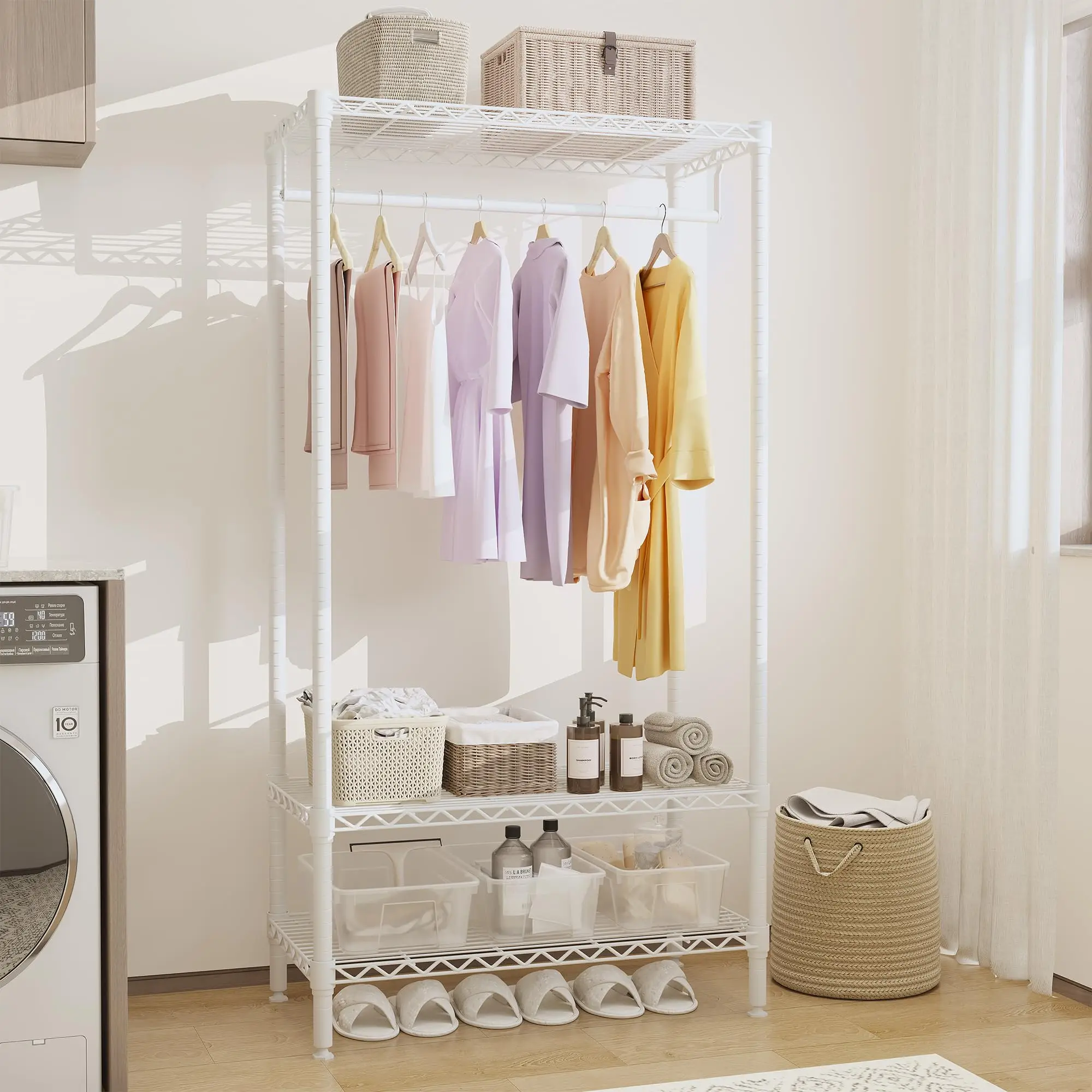 

Freestanding Clothes Rack, Metal Wire Adjustable 3-Tier Shelving Open Organizer Clothing Rack Wardrobe for Bedroom Laundry Room