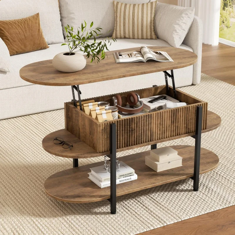 

Oval Lift Top Coffee Table, Fluted Wood Center Table with Hidden Storage, 3 Tier Small Tables with Curved Edge, Modern