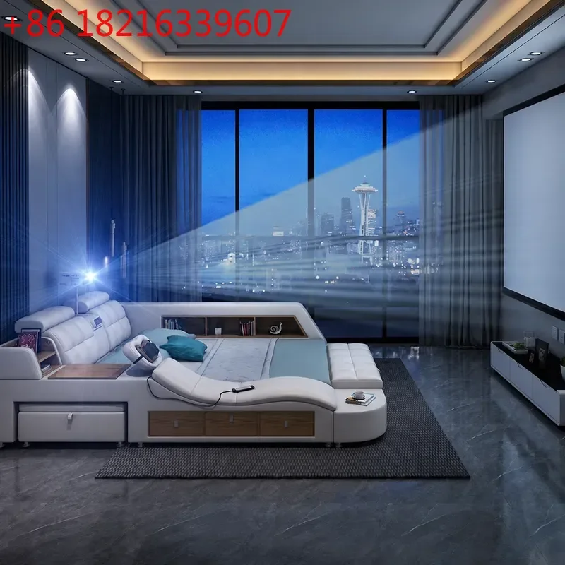 YAO Modern Simple Leather Bed with Intelligent Massage Projector Multi Function Storage Double Bed for Master Bedroom Wedding