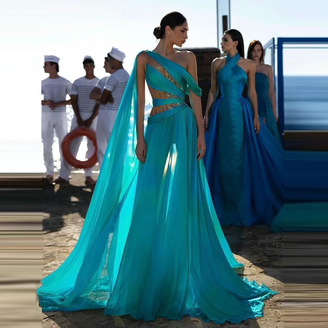 Sea Style Long Party Dresses Chiffon Beaded Prom Gown Off The Shoulder Turquoise Sleeveless Maxi Dress Dubai Arabic Prom Gown