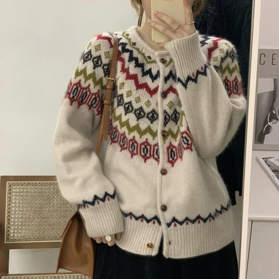 Vintage Sweet Fall Winter Knitted Sweater Coat High Quality Chic Women Single Breasted Flower Print Thick Loose Cardigan Jackets