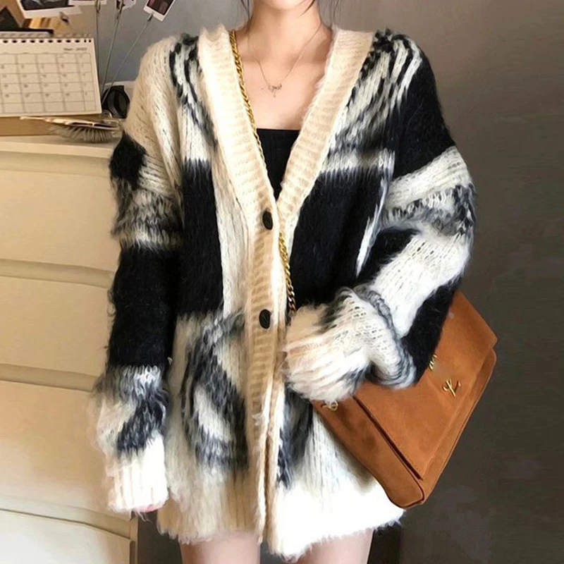 Autumn Vintage Mink Cashmere Sweater Jacket Women Loose V Neck Knit Cardigan Sweaters Winter 2023 Fashoin Casual Cardigans 28780