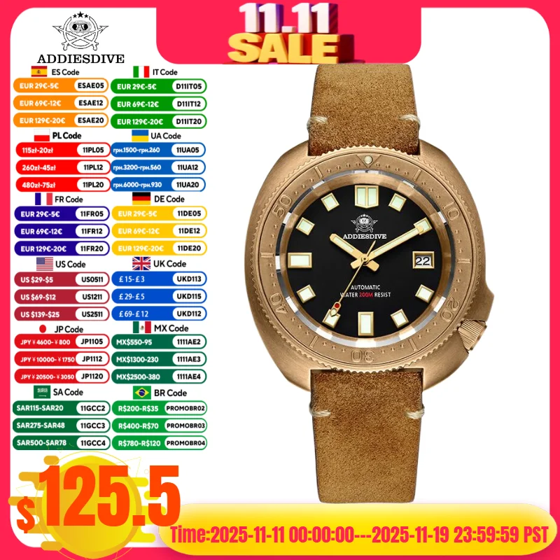 

ADDIESDIVE Men‘s Luxury Watch CUSN8 Bronze Solid Sapphire Glass C3 Super Luminous 20Bar Waterproof Automatic Mechanical Watches