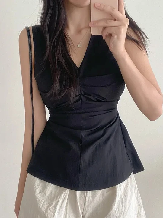 Women's Svel V-Ne irt Vest Pleated Bustier Slimming Hollow out Ba Versatile  irt Top Cotton  Color
