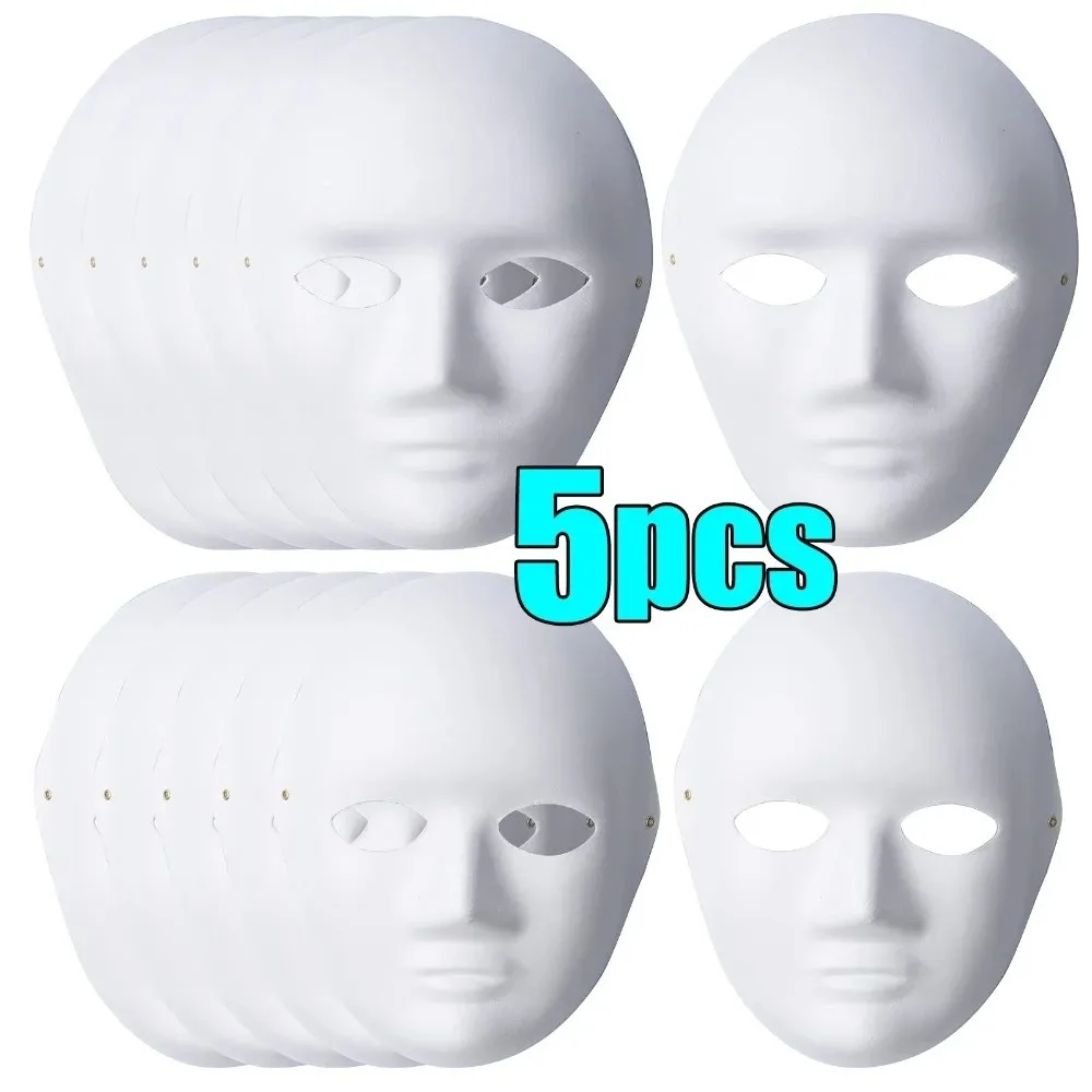 5Pcs New White DIY Full Face Masks Painting Blank Surface Paper Mache Masks Face Cover Paintable Craft Masks for Cosplay