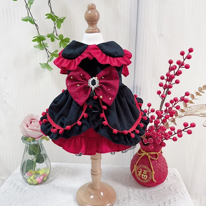 Winter Thick Velvet Pet Dog Clothes Original Handmade Cotton Black Red Crystal Bow Dresses For Small Medium Dog Puppy Dog Skirts