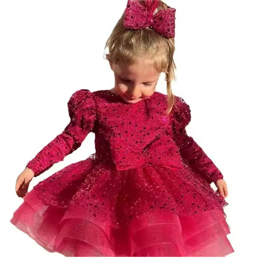 Robe de demoiselle d'honneur scintillante à paillettes, manches longues avec nœud, robe de princesse pour enfants, anniversaire, Noël, fête, concours de beauté