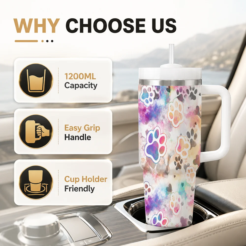 Pastel Paw Prints Cute Pet Lover Design Vacuum Flasks 40oz Leakproof Steel Tumbler w/ Lid Straw Handle Hot Cold Drinks