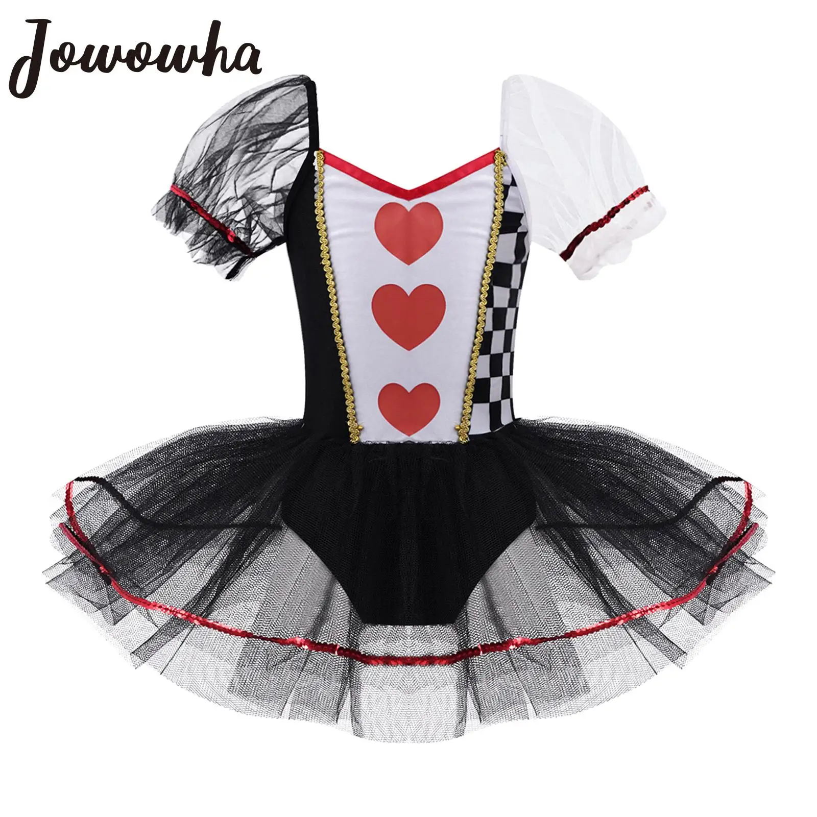 Little Queen Costume Kids Girls Short Sleeves Hearts Checkerboard Print Mesh Tutu Dress for Halloween Carnival Party Dress Up