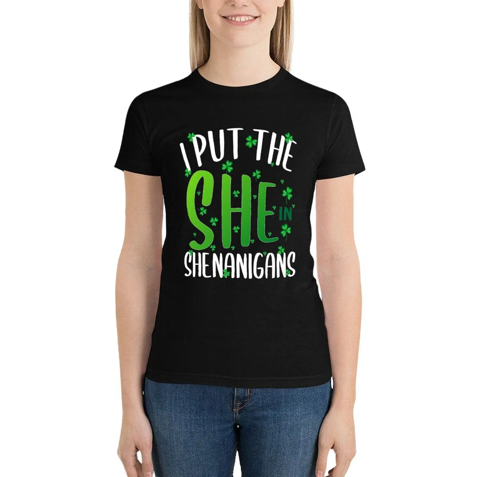 I Put The She In Shenanigans Funny Saying T-Shirt graphics animal print white t-shirt dress for Women sexy