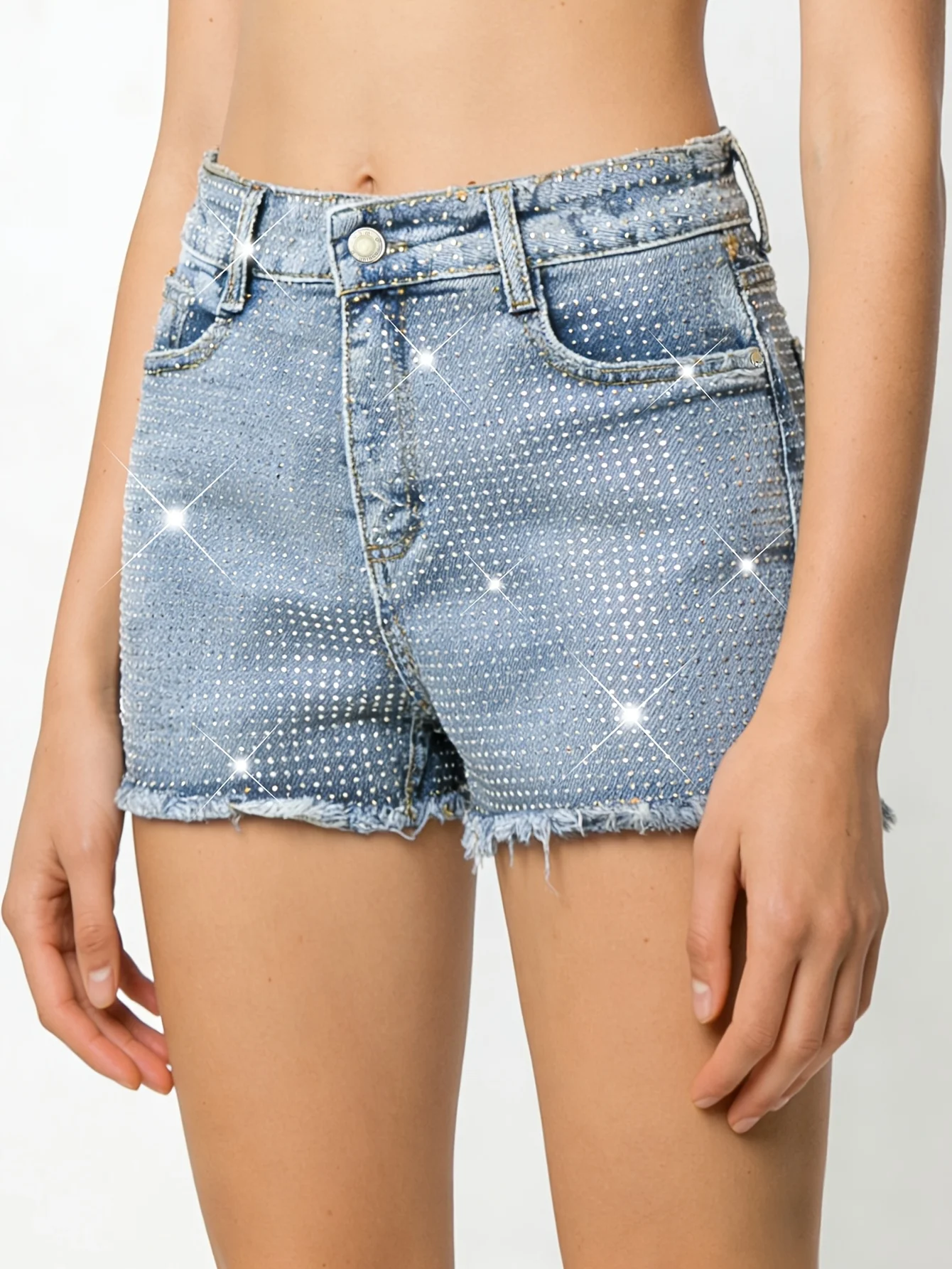 

Shorts Female Jeans Women Jeans Shorts Distressed Denim Blue Stretch Elegant Fashion Crystal Embellished
