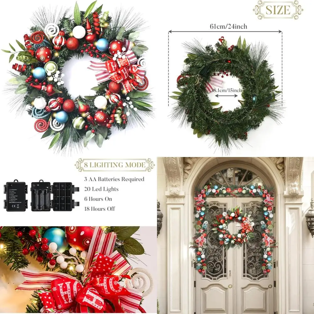 

Pre-Lit 24 Inch Christmas Wreath with Multi-Color Lights for Outdoor Front Door, Large Illuminated Holiday Decoration
