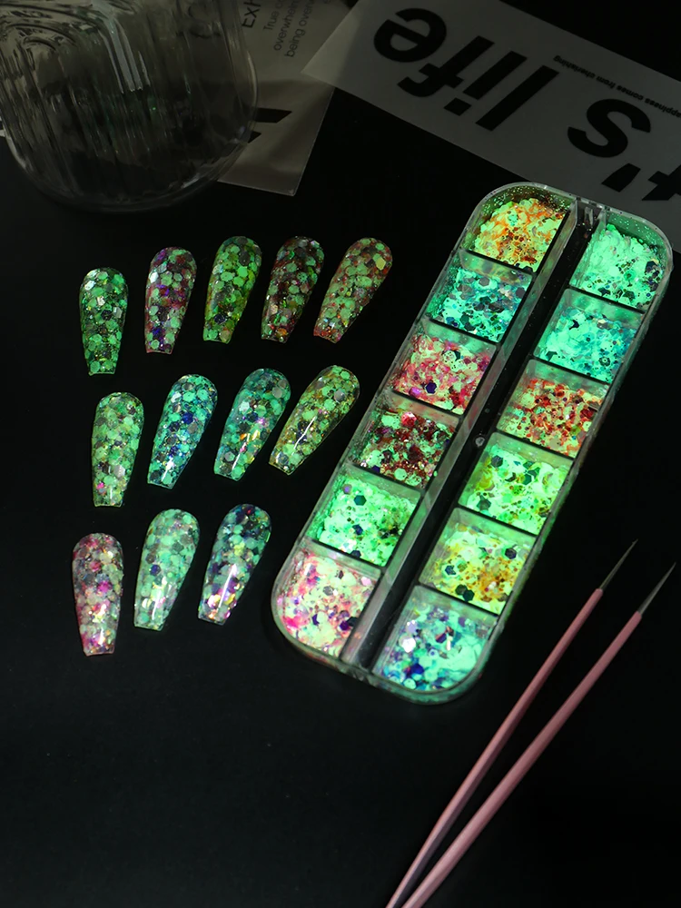 Poudre holographique hexagonale brillante pour Nail Art, 12 grilles, scintillante dans la nuit, effet néon, décoration des ongles, printemps et été