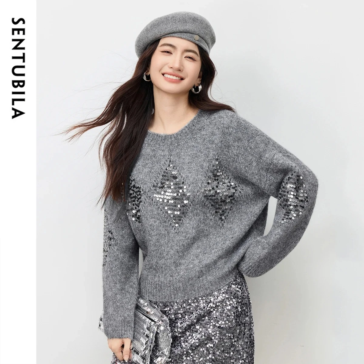 

SENTUBILA женский серый шерстяной свитер, пуловер с блестками, вышитый толстый вязаный топ с длинными рукавами, женский теплый джемпер W54EE3872