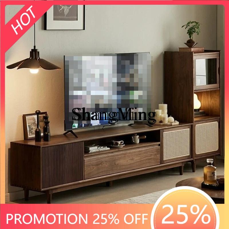 

SM walnut TV cabinet coffee table combination retro all solid wood floor cabinet household storage cabinet