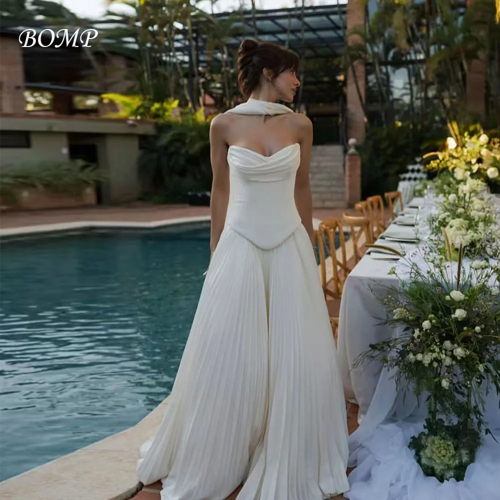 BOMP أنيق مطوي فستان حفلات الزفاف على شكل قلب مشد سويب تراين على شكل حرف a فستان زفاف من الساتان الأبيض مخصص فيستدو دي نوفيا