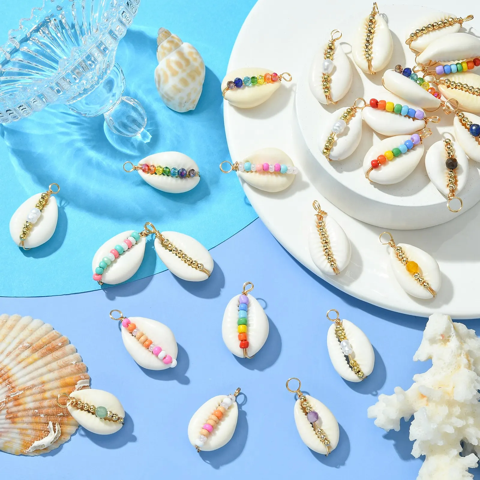 Pandahall 30Pcs 6 Styles Natural Shell Copper Wire Wrapped Pendants Summer Beach Sea Shell Charms for Jewelry DIY Craft Making