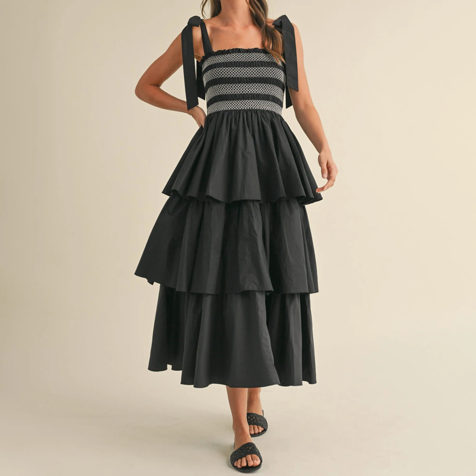 Abito da donna con spalline e cravatta, senza maniche, con busto smock, abito con volant a strati, per vacanze al mare, feste estive, abbigliamento quotidiano, streetwear