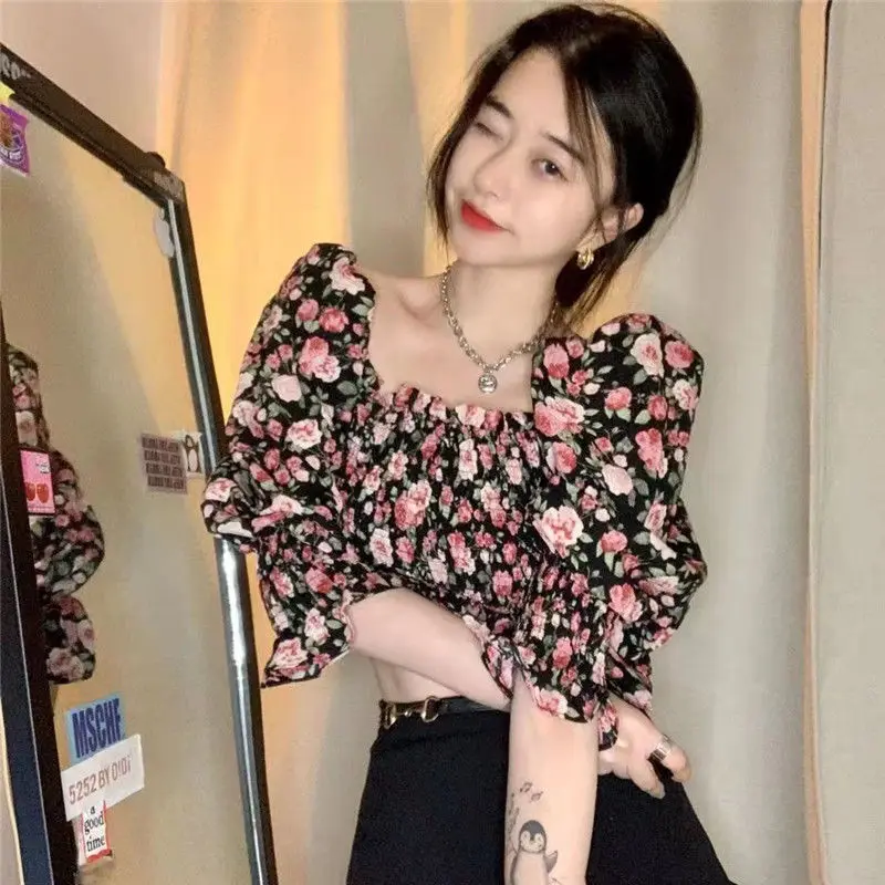 Floral Backless Short Shirt Tops Summer New Short Sleeve Slim Printing Pleated Sweet Blouse Fashion Vintage Women Clothing