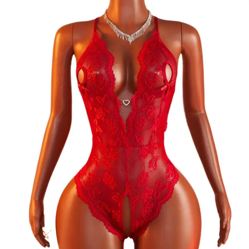 Summer Sexy Women's Lace Crotchless Bodysuit Transparent Porn Deep V Backless Pajamas Open Bra Lingerie Set Exotic Clothing