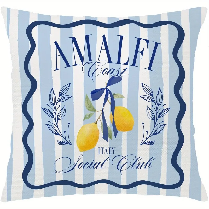 Short Plush “Amalfi Coast Lemon” Pillowcase 18x18 Inch Double Sided Printed Zipper Cushion Cover Mediterranean Summer Decor