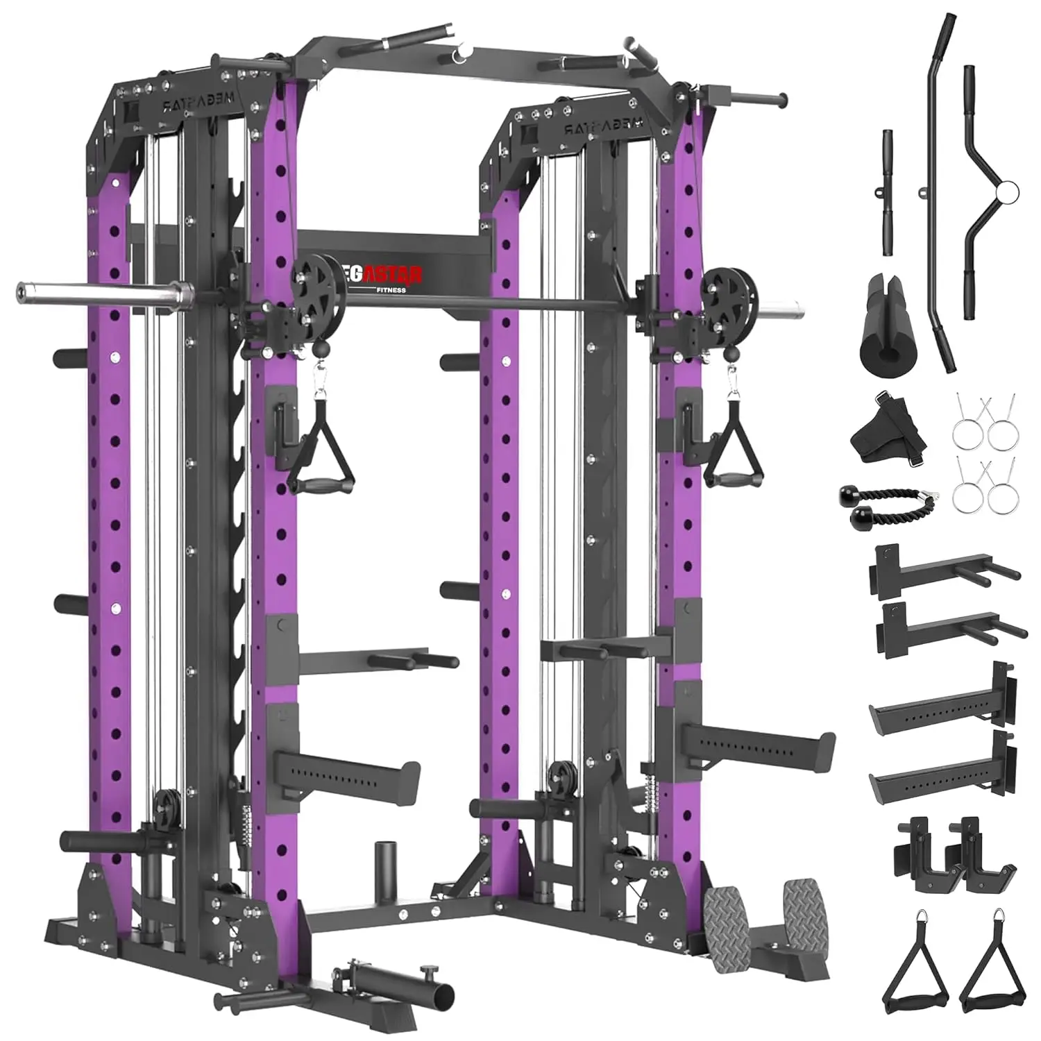 

Smith Machine, 2600LBS Squat Rack, 7-in-1 Home Gym Cage with Adjustable Safety Bars, Pull-Up & LAT Pulldown, Customized